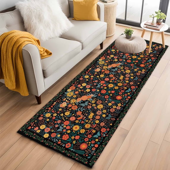 2'x6' Rug Runners for Hallways Kitchen, Boho Black Flowers Non Slip Entryway Beside Floor Carpet Runner, Spring Abstract Watercolor Floral Leaf Laundry Room Bedroom Throw Rugs Mat for Family Pet