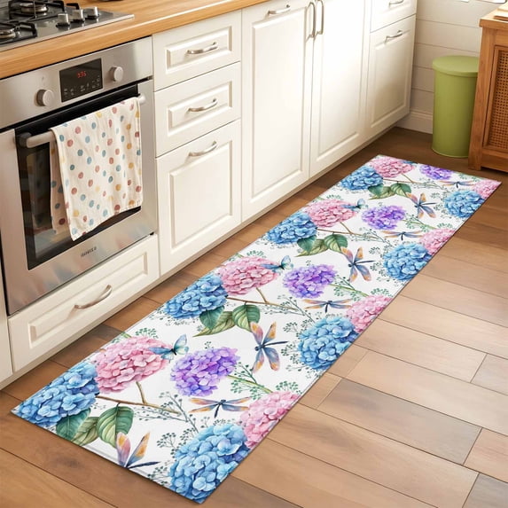 2'x6' Rug Runners for Hallways Kitchen, Botanical Flowers Non Slip Entryway Beside Floor Carpet Runner, Spring Blue Pink Purple Floral Dragonfly Laundry Room Bedroom Throw Rugs Mat for Family Pet