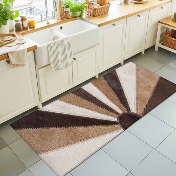 2'x6' Rug Runners for Hallways Kitchen, Brown Boho Non Slip Entryway Beside Floor Carpet Runner, Modern Abstract Cowhide Patchwork Print Washable Laundry Room Bedroom Throw Rugs Mat for Family Pet