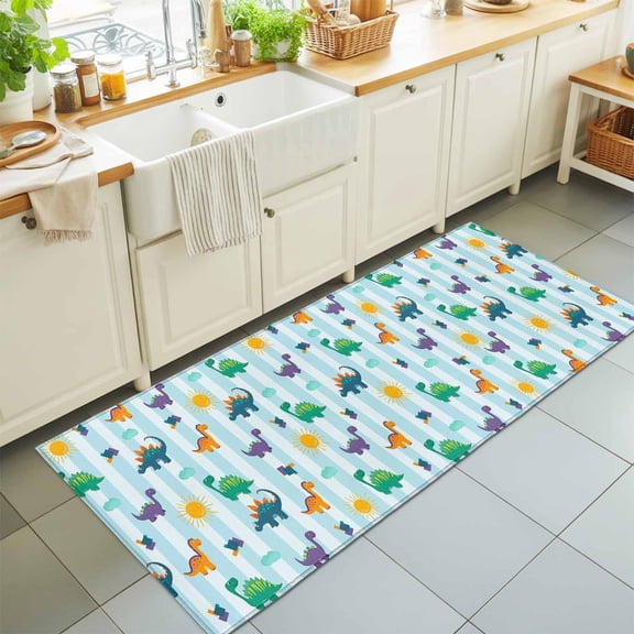 2'x6' Rug Runners for Hallways Kitchen, Cartoon Dinosaur Non Slip Entryway Beside Floor Carpet Runner, Watercolor Green Orange Dino Sun Striped Washable Laundry Room Bedroom Throw Rugs Mat