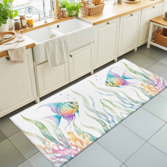 2'x6' Rug Runners for Hallways Kitchen, Coastal Fish Non Slip Entryway Beside Floor Carpet Runner, Ocean Nautical Seaweed Coral Marine Life Washable Laundry Room Bedroom Throw Rugs Mat for Family Pet