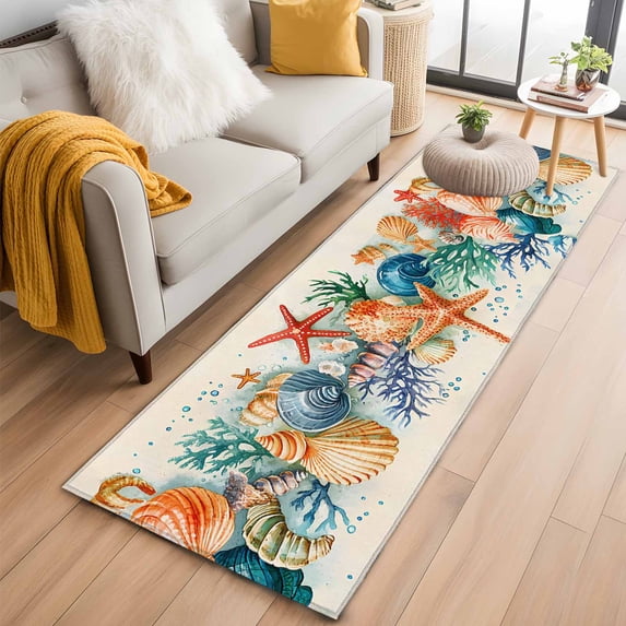 2'x6' Rug Runners for Hallways Kitchen, Coastal Non Slip Entryway Beside Floor Carpet Runner, Summer Beach Starfish Coral Shell Nautical Washable Laundry Room Bedroom Throw Rugs Mat for Family Pet