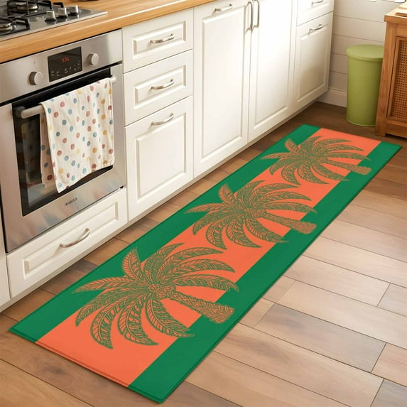 2'x6' Rug Runners for Hallways Kitchen, Coconut Tree Non Slip Entryway Beside Floor Carpet Runner, Boho Tropical Orange Green Stripe Summer Washable Laundry Room Bedroom Throw Rugs Mat for Family Pet