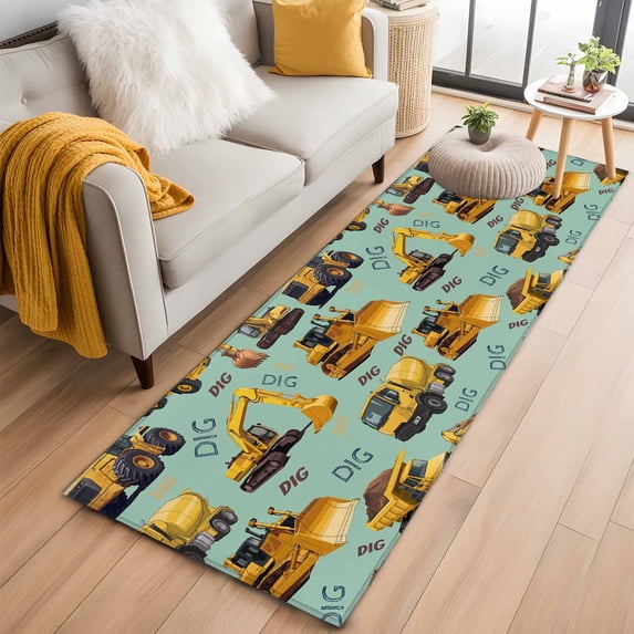 2'x6' Rug Runners for Hallways Kitchen, Construction Truck Non Slip Entryway Beside Floor Carpet Runner, Cartoon Grips and Bulldozers Green Washable Laundry Room Bedroom Throw Rugs Mat for Family Pet
