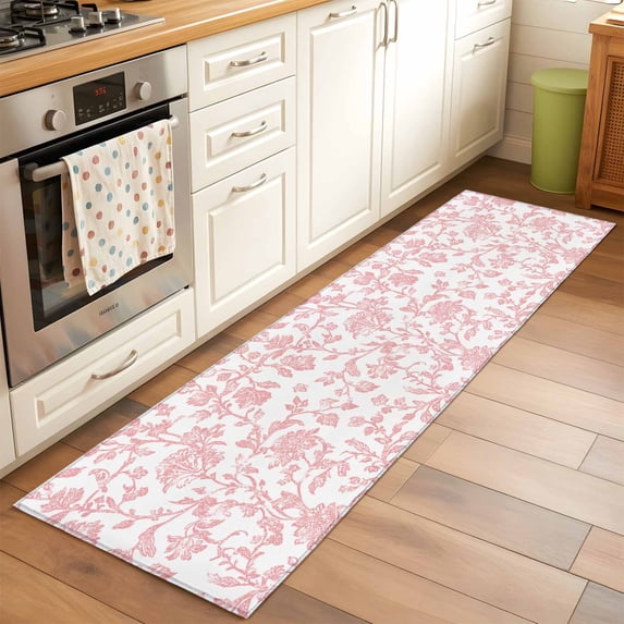 2'x6' Rug Runners for Hallways Kitchen, Coral Red Flower Non Slip Entryway Beside Floor Carpet Runner, Vintage Farmhouse Boho Leaf Spring Washable Laundry Room Bedroom Throw Rugs Mat for Family Pet