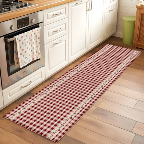 2'x6' Rug Runners for Hallways Kitchen, Country Star Plaid Non Slip Entryway Beside Floor Carpet Runner, Retro Red American Farm Barn Berry Washable Laundry Room Bedroom Throw Rugs Mat for Family Pet
