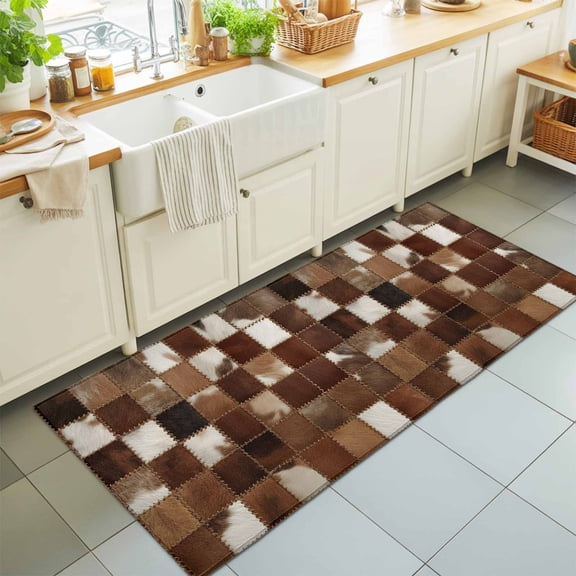 2'x6' Rug Runners for Hallways Kitchen, Cow Fur Print Non Slip Entryway Beside Floor Carpet Runner, Farmhouse Patchwork Western Cowhide Brown Washable Laundry Room Bedroom Throw Rugs Mat