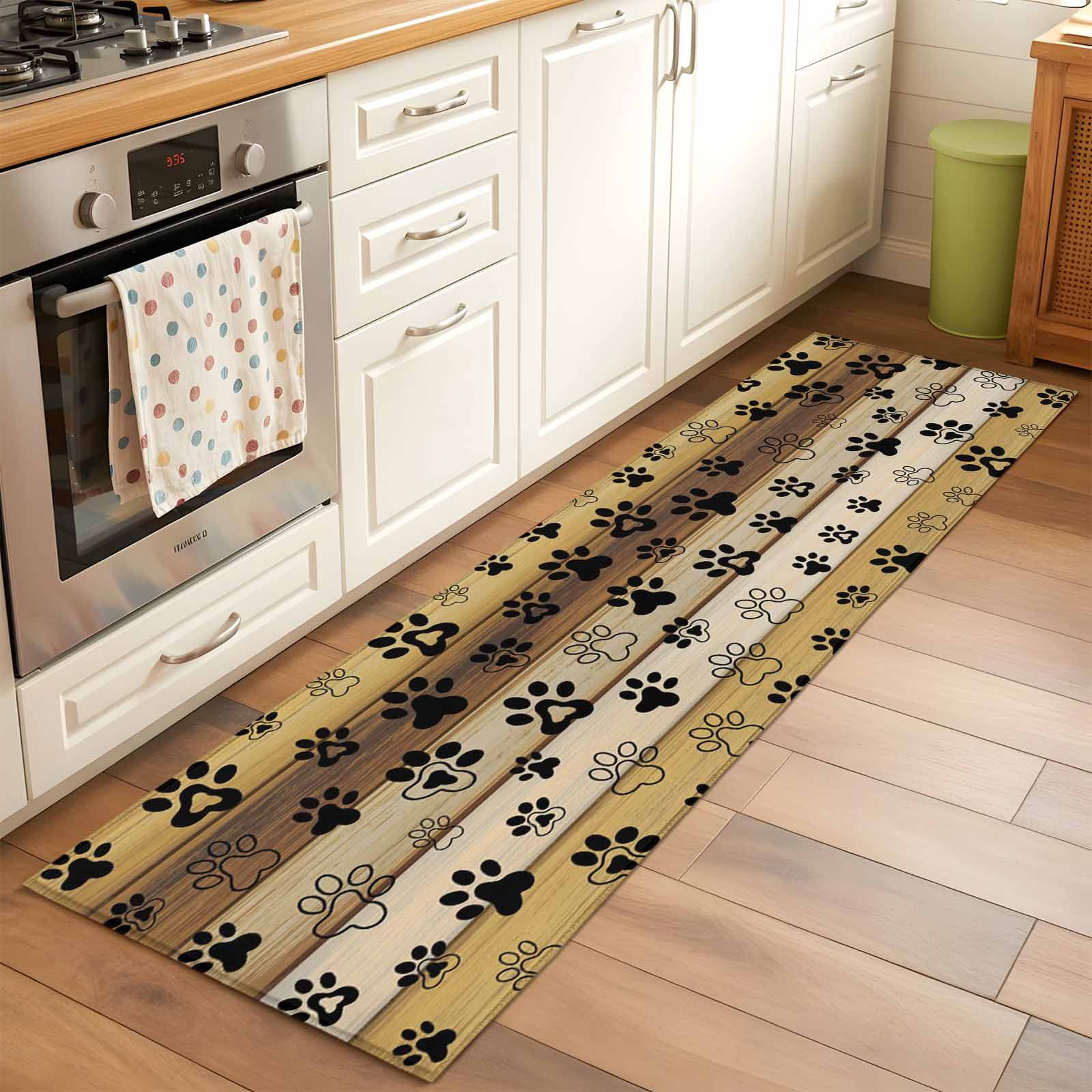 2'x6' Rug Runners for Hallways Kitchen, Cute Dog Claws Non Slip Entryway Beside Floor Carpet Runner, Farmhouse Brown Wooden Grain Puppy Pawprints Laundry Room Bedroom Throw Rugs Mat for Family Pet