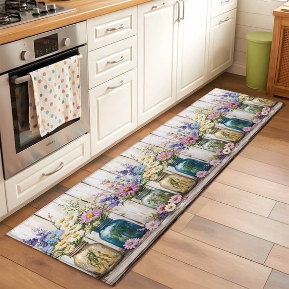 2'x6' Rug Runners for Hallways Kitchen, Daisies Flowers Non Slip Entryway Beside Floor Carpet Runner, Bottle Floral Vintage Watercolor Washable Laundry Room Bedroom Throw Rugs Mat for Family Pet