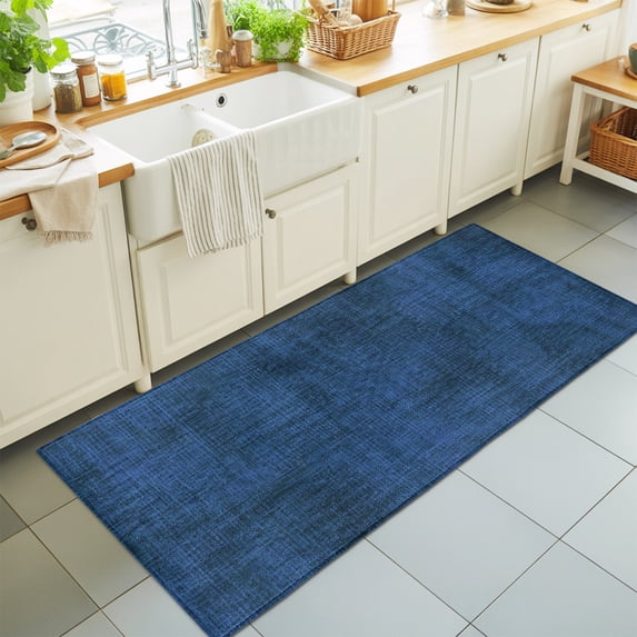 2'x6' Rug Runners for Hallways Kitchen, Dark Blue Non Slip Entryway Beside Floor Carpet Runner, Farmhouse Linen Texture Washable Laundry Room Bedroom Throw Rugs Mat for Family Pet