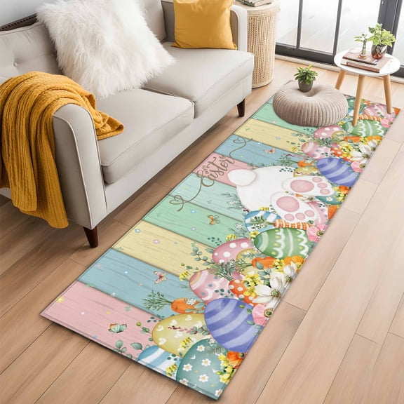 2'x6' Rug Runners for Hallways Kitchen, Easter Non Slip Entryway Beside Floor Carpet Runner, Spring Rabbit Ears Foot Eggs Floral Wooden Grain Laundry Room Bedroom Throw Rugs Mat for Family Pet