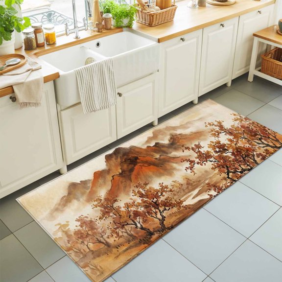 2'x6' Rug Runners for Hallways Kitchen, Fall Mountains Non Slip Entryway Beside Floor Carpet Runner, Burnt Orange Vintage Country River Valley Washable Laundry Room Bedroom Throw Rugs Mat