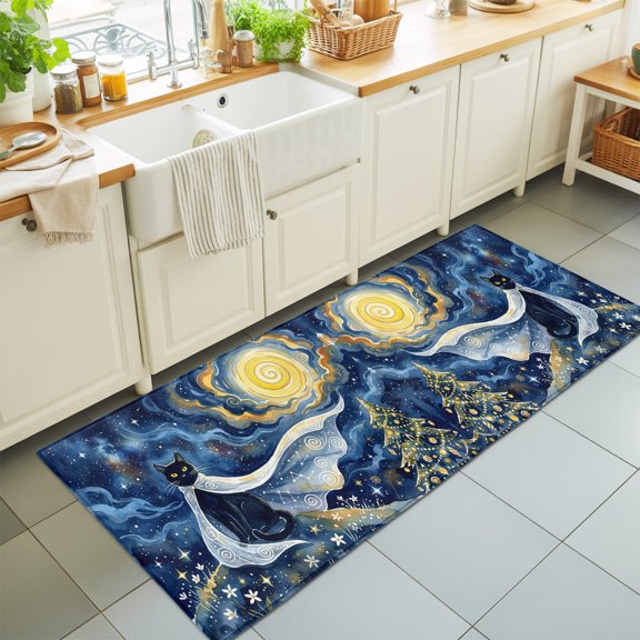 2'x6' Rug Runners for Hallways Kitchen, Fantasy Starry Sky Non Slip Entryway Beside Floor Carpet Runner, Cute Black Cat Moonlight Xmas Trees Bohemia Washable Laundry Room Bedroom Throw Rugs Mat