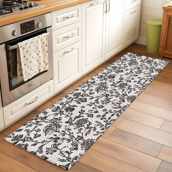 2'x6' Rug Runners for Hallways Kitchen, Farmhouse Black Non Slip Entryway Beside Floor Carpet Runner, Vintage Flower Leaf Botanical Plant Washable Laundry Room Bedroom Throw Rugs Mat for Family Pet