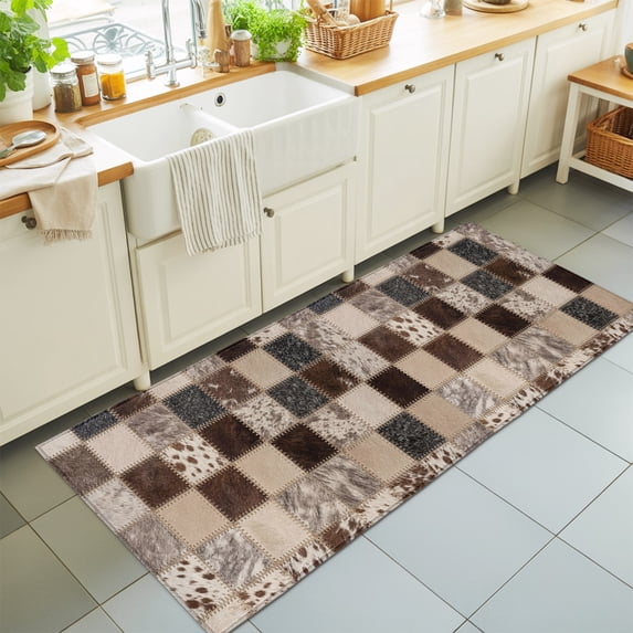 2'x6' Rug Runners for Hallways Kitchen, Farmhouse Cow Print Non Slip Entryway Beside Floor Carpet Runner, Country Patchwork Cowhide Fur Plaid Washable Laundry Room Bedroom Throw Rugs Mat