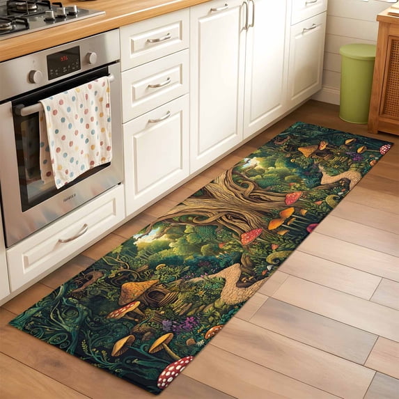 2'x6' Rug Runners for Hallways Kitchen, Forest Non Slip Entryway Beside Floor Carpet Runner, Vintage Cottage Mushroom Tree Floral Green Washable Laundry Room Bedroom Throw Rugs Mat for Family Pet