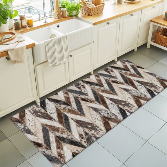 2'x6' Rug Runners for Hallways Kitchen, Geometric Cow Print Non Slip Entryway Beside Floor Carpet Runner, Farmhouse Country Cowhide Fur Brown Washable Laundry Room Bedroom Throw Rugs Mat