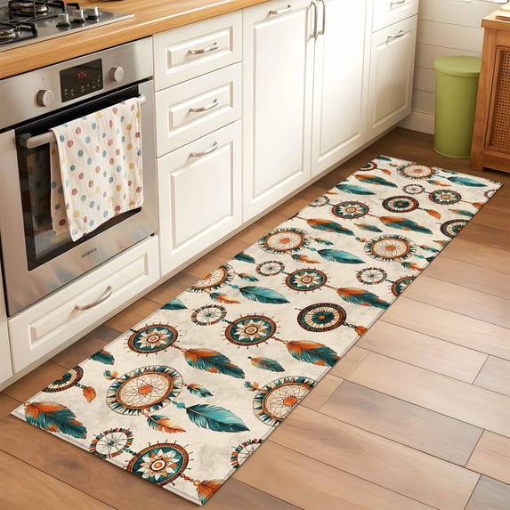 2'x6' Rug Runners for Hallways Kitchen, Geometric Feathers Non Slip Entryway Beside Floor Carpet Runner, Boho Ethnic Retro Country Motifs Washable Laundry Room Bedroom Throw Rugs Mat for Family Pet