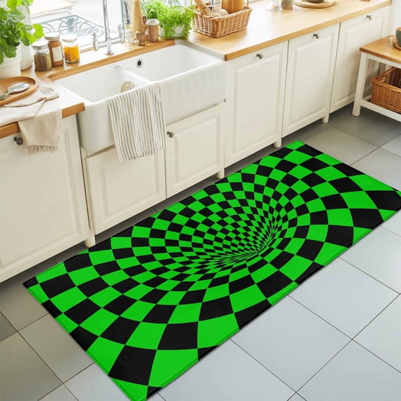2'x6' Rug Runners for Hallways Kitchen, Green Black Checkered Non Slip Entryway Beside Floor Carpet Runner, Modern Abstract Art Washable Laundry Room Bedroom Throw Rugs Mat for Family Pet