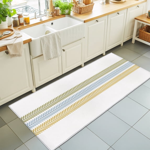 2'x6' Rug Runners for Hallways Kitchen, Green Blue Yellow Botanical Non Slip Entryway Beside Floor Carpet Runner, Vertical Leaves Rustic Washable Laundry Room Bedroom Throw Rugs Mat for Family Pet