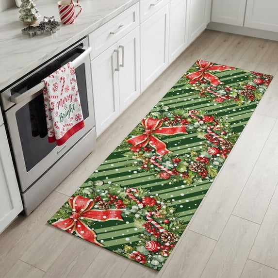 2'x6' Rug Runners for Hallways Kitchen, Green Christmas Non Slip Entryway Beside Floor Carpet Runner, Winter Xmas Pine Fruits Holly Leaf Striped Laundry Room Bedroom Throw Rugs Mat for Family Pet