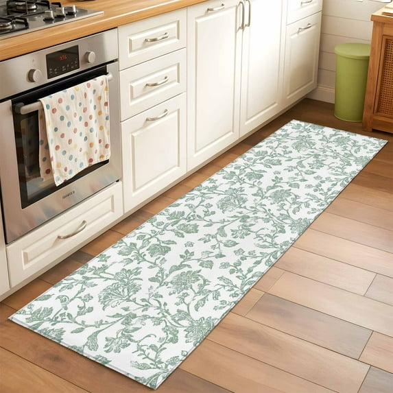 2'x6' Rug Runners for Hallways Kitchen, Green Flower Non Slip Entryway Beside Floor Carpet Runner, Farmhouse Vintage Boho Leaf Spring Washable Laundry Room Bedroom Throw Rugs Mat for Family Pet