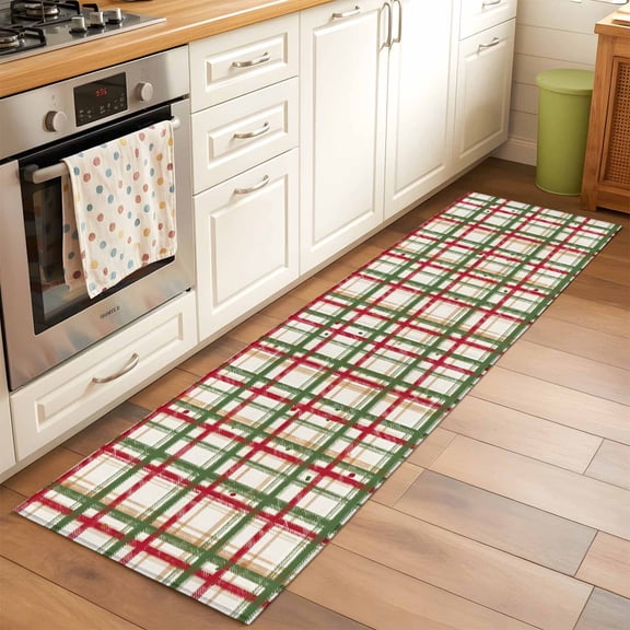 2'x6' Rug Runners for Hallways Kitchen, Green Red Checkered Non Slip Entryway Beside Floor Carpet Runner, Farmhouse Christmas Winter Striped Laundry Room Bedroom Throw Rugs Mat for Family Pet