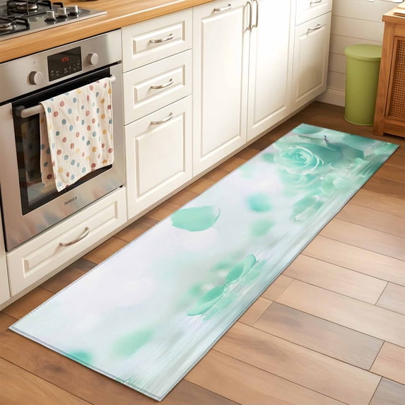 2'x6' Rug Runners for Hallways Kitchen, Green Rose Fantasy Non Slip Entryway Beside Floor Carpet Runner, Elegance Floral Romantic Reflection Washable Laundry Room Bedroom Throw Rugs Mat