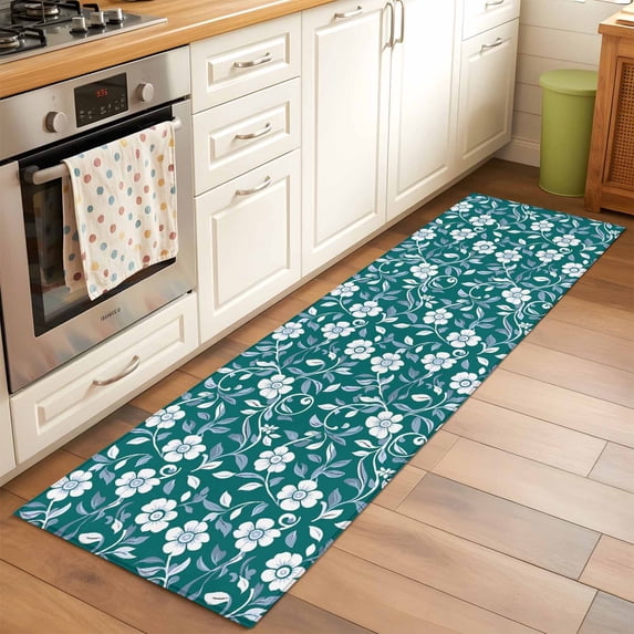 2'x6' Rug Runners for Hallways Kitchen, Green White Floral Non Slip Entryway Beside Floor Carpet Runner, Farmhouse Retro Botanical Leaves Washable Laundry Room Bedroom Throw Rugs Mat for Family Pet