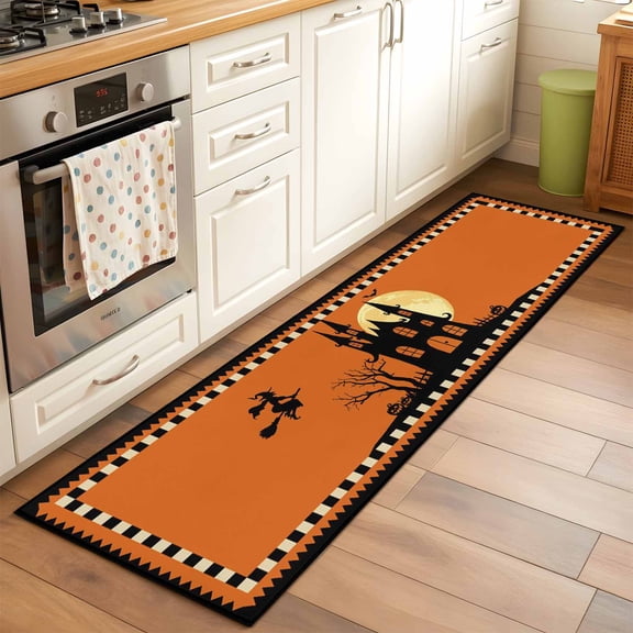 2'x6' Rug Runners for Hallways Kitchen, Halloween Castle Non Slip Entryway Beside Floor Carpet Runner, Full Moon Night Evil Witch Pumpkin Orange Laundry Room Bedroom Throw Rugs Mat for Family Pet