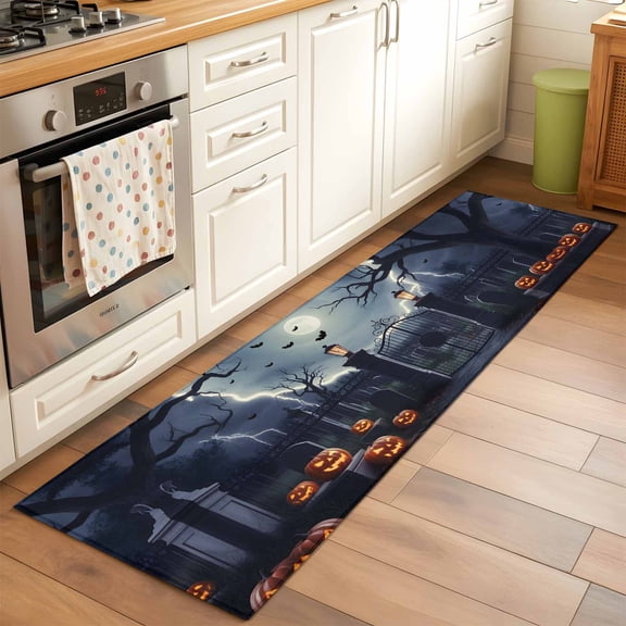 2'x6' Rug Runners for Hallways Kitchen, Halloween Non Slip Entryway Beside Floor Carpet Runner, Horror Graveyard Manor Moonlight Lightning Washable Laundry Room Bedroom Throw Rugs Mat for Family Pet