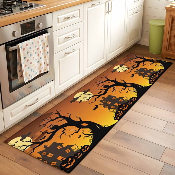 2'x6' Rug Runners for Hallways Kitchen, Halloween Non Slip Entryway Beside Floor Carpet Runner, Pumpkin Castle Owl Moon Tree Orange Washable Laundry Room Bedroom Throw Rugs Mat for Family Pet