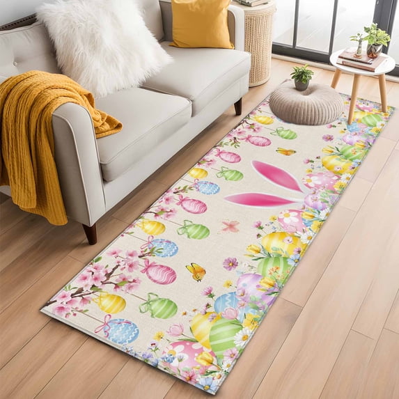 2'x6' Rug Runners for Hallways Kitchen, Happy Easter Non Slip Entryway Beside Floor Carpet Runner, Spring Farmhouse Bunny Eggs Flower Beige Washable Laundry Room Bedroom Throw Rugs Mat for Family Pet