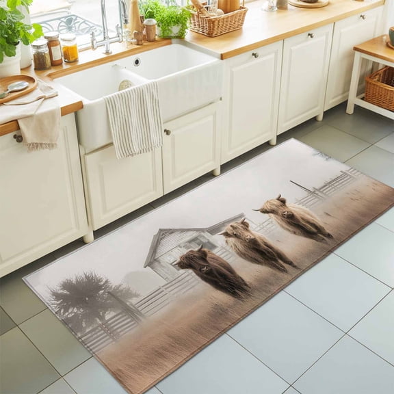 2'x6' Rug Runners for Hallways Kitchen, Highland Cows Non Slip Entryway Beside Floor Carpet Runner, Farmhouse Animals Barn Fence Retro Washable Laundry Room Bedroom Throw Rugs Mat for Family Pet