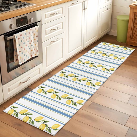 2'x6' Rug Runners for Hallways Kitchen, Lemon Striped Non Slip Entryway Beside Floor Carpet Runner, Yellow Fruit Blue White Geometric Washable Laundry Room Bedroom Throw Rugs Mat for Family Pet