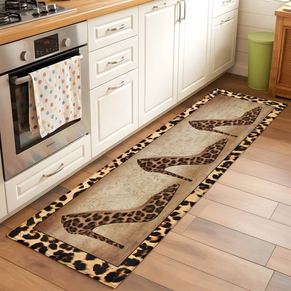 2'x6' Rug Runners for Hallways Kitchen, Leopard Print Non Slip Entryway Beside Floor Carpet Runner, Vintage Rustic High Heels Animal Texture Laundry Room Bedroom Throw Rugs Mat for Family Pet