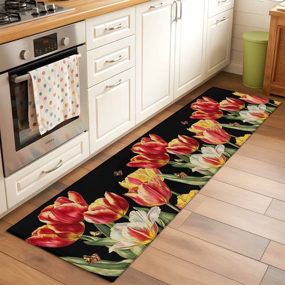 2'x6' Rug Runners for Hallways Kitchen, Luxury Tulip Floral Non Slip Entryway Beside Floor Carpet Runner, Farmhouse Vintage Botanical Flowers Washable Laundry Room Bedroom Throw Rugs Mat