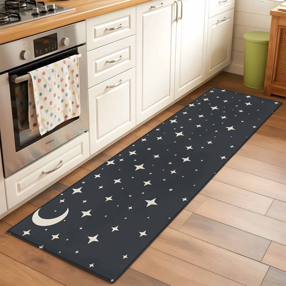 2'x6' Rug Runners for Hallways Kitchen, Modern Black Grey Non Slip Entryway Beside Floor Carpet Runner, Japanese Style Moon Stars Minimalism Laundry Room Bedroom Throw Rugs Mat for Family Pet