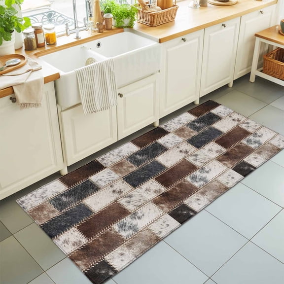 2'x6' Rug Runners for Hallways Kitchen, Modern Cow Print Non Slip Entryway Beside Floor Carpet Runner, Country Patchwork Cowhide Fur Brown Grey Washable Laundry Room Bedroom Throw Rugs Mat