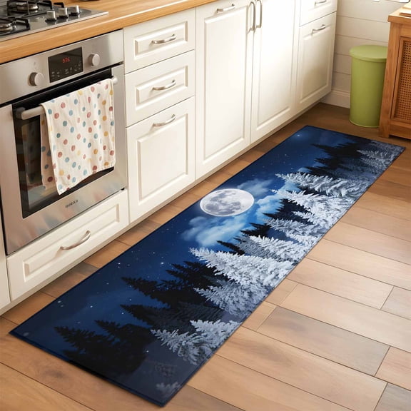 2'x6' Rug Runners for Hallways Kitchen, Moonlight Landscapes Non Slip Entryway Beside Floor Carpet Runner, Winter Christmas Trees Forest Washable Laundry Room Bedroom Throw Rugs Mat for Family Pet