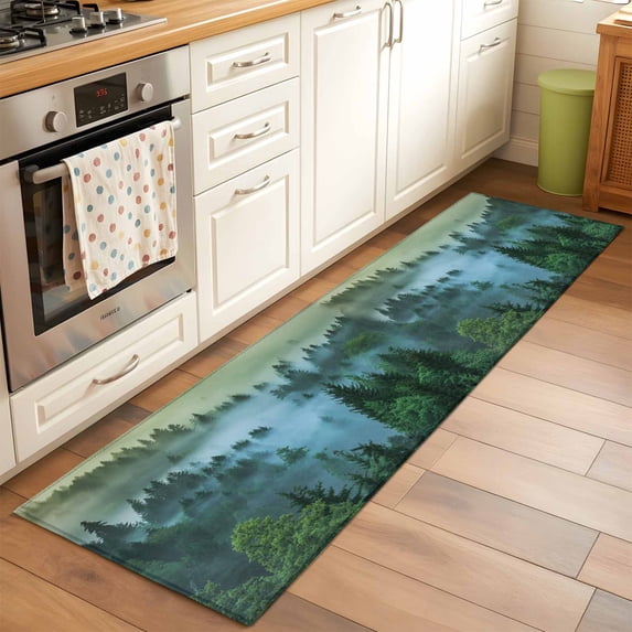 2'x6' Rug Runners for Hallways Kitchen, Mountain Non Slip Entryway Beside Floor Carpet Runner, Forest Green Trees Modern Art Washable Laundry Room Bedroom Throw Rugs Mat for Family Pet