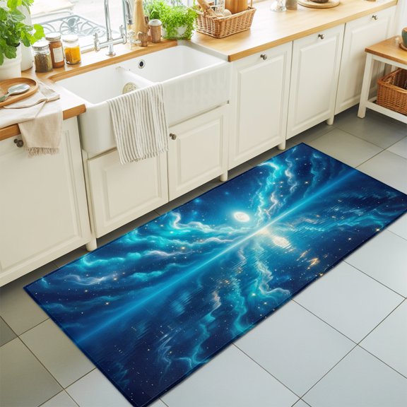 2'x6' Rug Runners for Hallways Kitchen, Natural Moonlight Non Slip Entryway Beside Floor Carpet Runner, Navy Blue Dreamy Moon Cloud Reflection Washable Laundry Room Bedroom Throw Rugs Mat