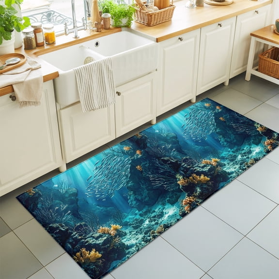 2'x6' Rug Runners for Hallways Kitchen, Natural Ocean Fish Non Slip Entryway Beside Floor Carpet Runner, Coral Blue Underwater Coral Sunshine Washable Laundry Room Bedroom Throw Rugs Mat