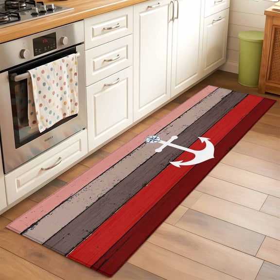 2'x6' Rug Runners for Hallways Kitchen, Nautical Anchor Non Slip Entryway Beside Floor Carpet Runner, Red Brown Retro Gradient Wooden Grain Washable Laundry Room Bedroom Throw Rugs Mat for Family Pet