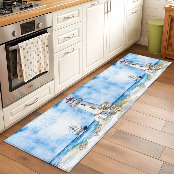 2'x6' Rug Runners for Hallways Kitchen, Nautical Blue Non Slip Entryway Beside Floor Carpet Runner, Lighthouse Ocean Sailboat Summer Painting Washable Laundry Room Bedroom Throw Rugs Mat