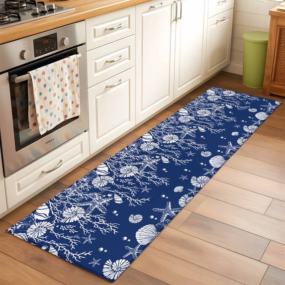 2'x6' Rug Runners for Hallways Kitchen, Navy Blue Coastal Non Slip Entryway Beside Floor Carpet Runner, Starfish Coral Ocean Conch Sea Nautical Washable Laundry Room Bedroom Throw Rugs Mat