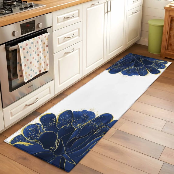 2'x6' Rug Runners for Hallways Kitchen, Navy Blue Gold Non Slip Entryway Beside Floor Carpet Runner, Abstract Line Art Troditional Ink Painting Laundry Room Bedroom Throw Rugs Mat for Family Pet