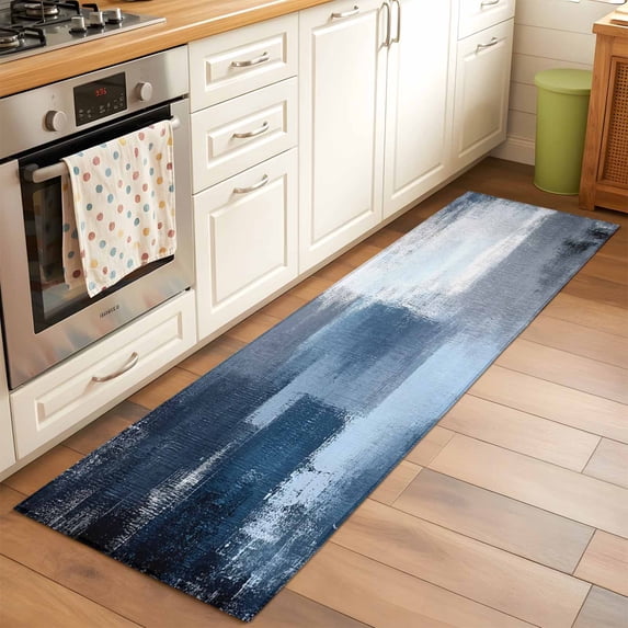 2'x6' Rug Runners for Hallways Kitchen, Navy Blue Grey Non Slip Entryway Beside Floor Carpet Runner, Modern Ombre Oil Painted Abstract Art Washable Laundry Room Bedroom Throw Rugs Mat for Family Pet