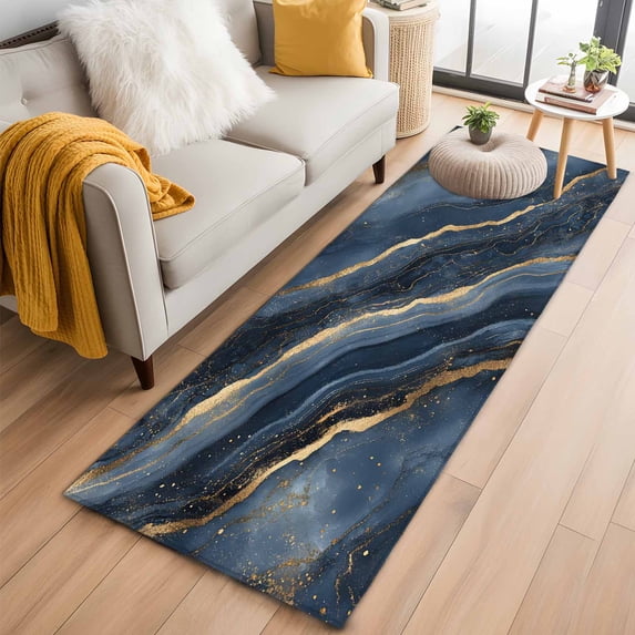 2'x6' Rug Runners for Hallways Kitchen, Navy Blue Marble Non Slip Entryway Beside Floor Carpet Runner, Modern Abstract Contemporary Washable Laundry Room Bedroom Throw Rugs Mat for Family Pet