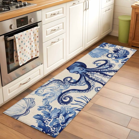 2'x6' Rug Runners for Hallways Kitchen, Navy Blue Octopus Coastal Non Slip Entryway Beside Floor Carpet Runner, Nautical Summer Beach Rustic Washable Laundry Room Bedroom Throw Rugs Mat